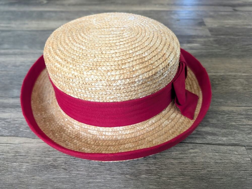 Womens Straw Fedora Panama Hat Short Brim Roll Up Red Ribbon Bow Derby Church